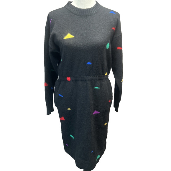 Vtg Retro Black Knit Sweater Dress Vibrant Geometric Pattern Pockets Women's Med - Picture 1 of 3